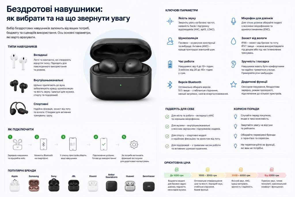 Інфографіка з порівнянням типів бездротових навушників та порадами щодо вибору