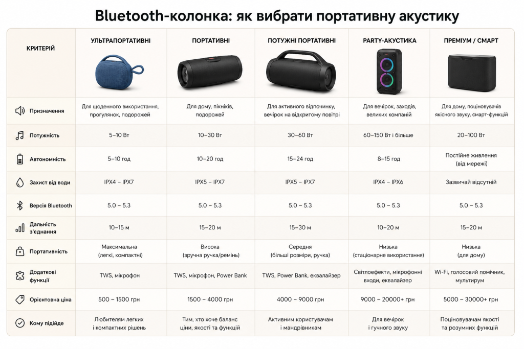 Інфографіка з порівнянням типів Bluetooth-колонок за потужністю, автономністю та ціною