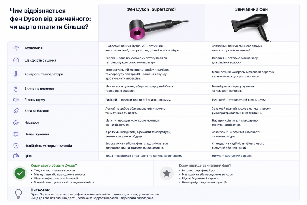 Інфографіка з порівнянням фена Dyson Supersonic та звичайного фена