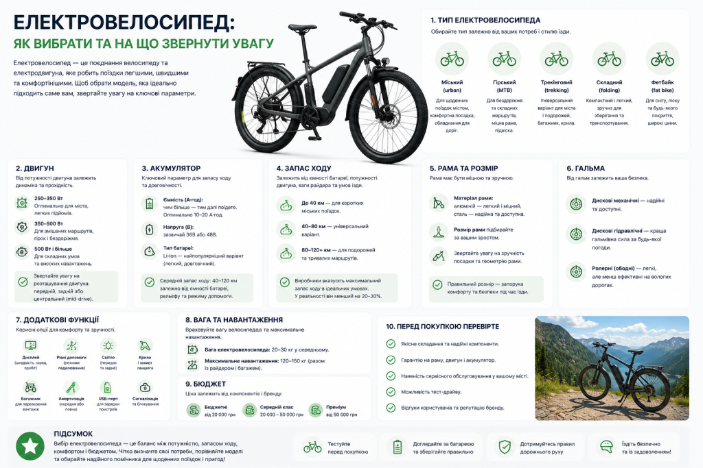Інфографіка з характеристиками та порадами щодо вибору електровелосипеда