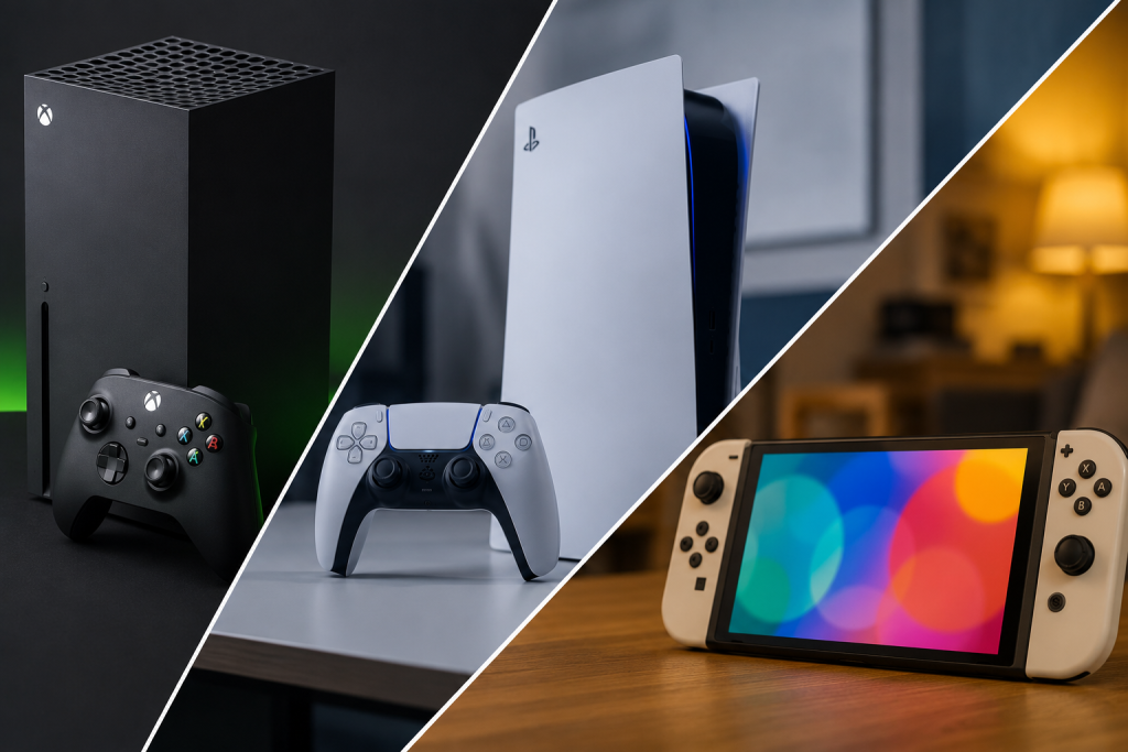 Ігрові консолі Xbox Series X, PlayStation 5 та Nintendo Switch OLED поруч