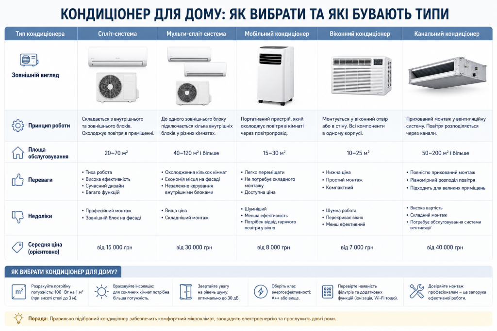 Порівняльна таблиця п'яти типів кондиціонерів для дому — спліт-система, мульти-спліт, мобільний, віконний та канальний — з принципом роботи, площею, перевагами, недоліками та орієнтовними цінами