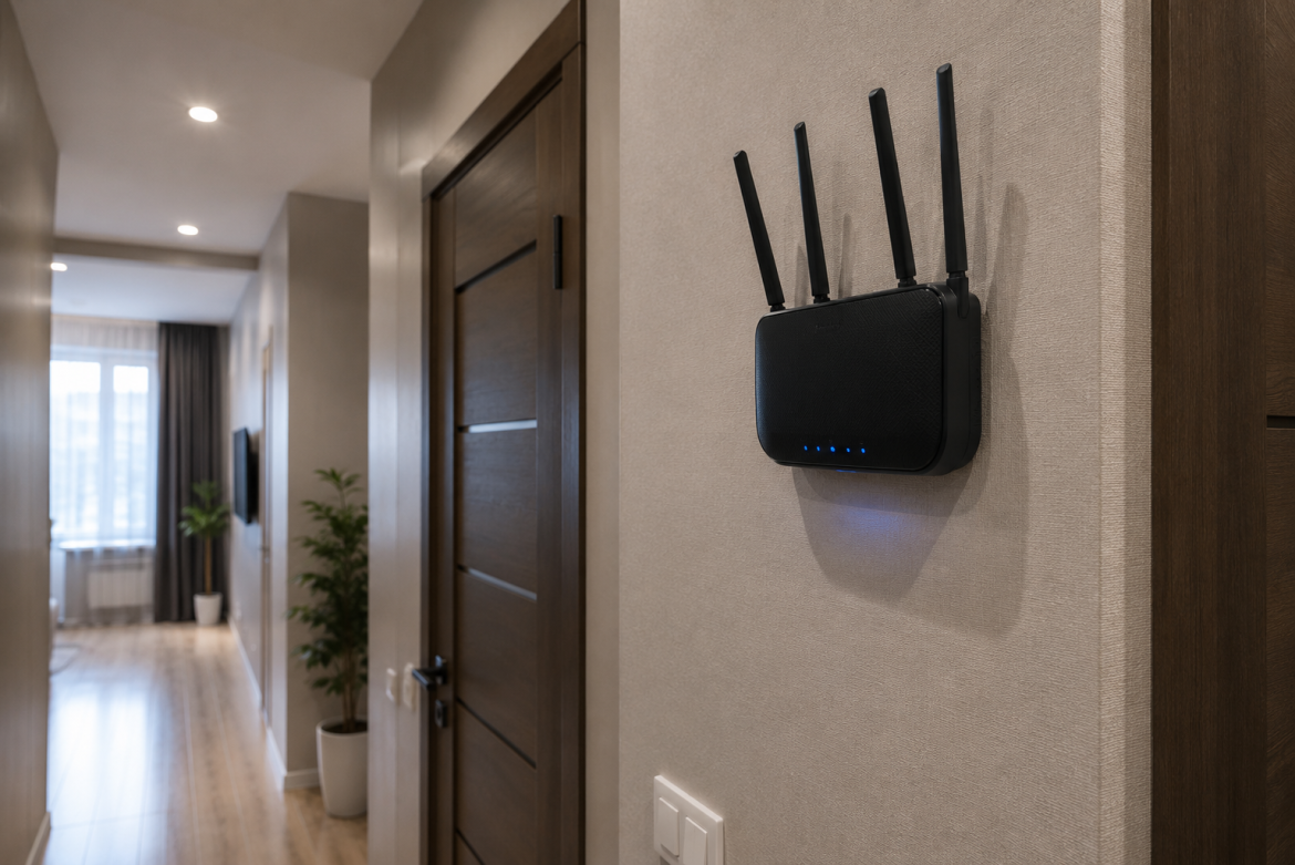 Wi-Fi роутер з антенами закріплений на стіні в коридорі квартири