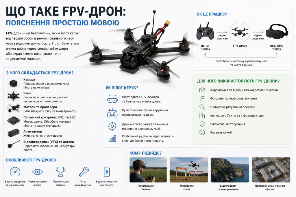Інфографіка з поясненням принципу роботи та складових FPV-дрона