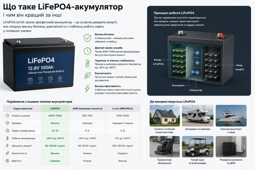 Інфографіка про LiFePO4-акумулятор — принцип роботи, переваги та сфери використання