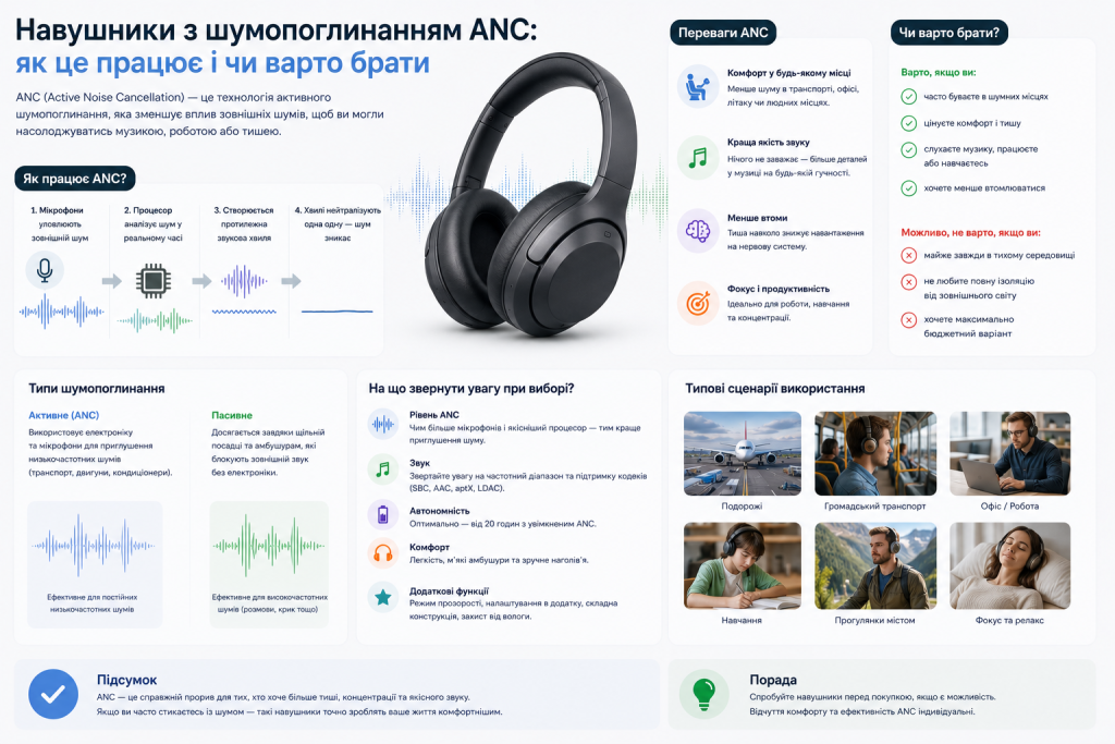 Інфографіка про принцип роботи навушників з активним шумопоглинанням ANC