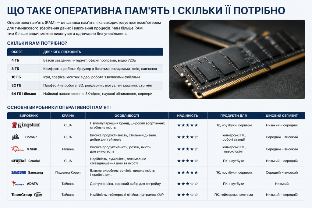 Інфографіка про оперативну пам'ять RAM — обсяги, призначення та основні виробники