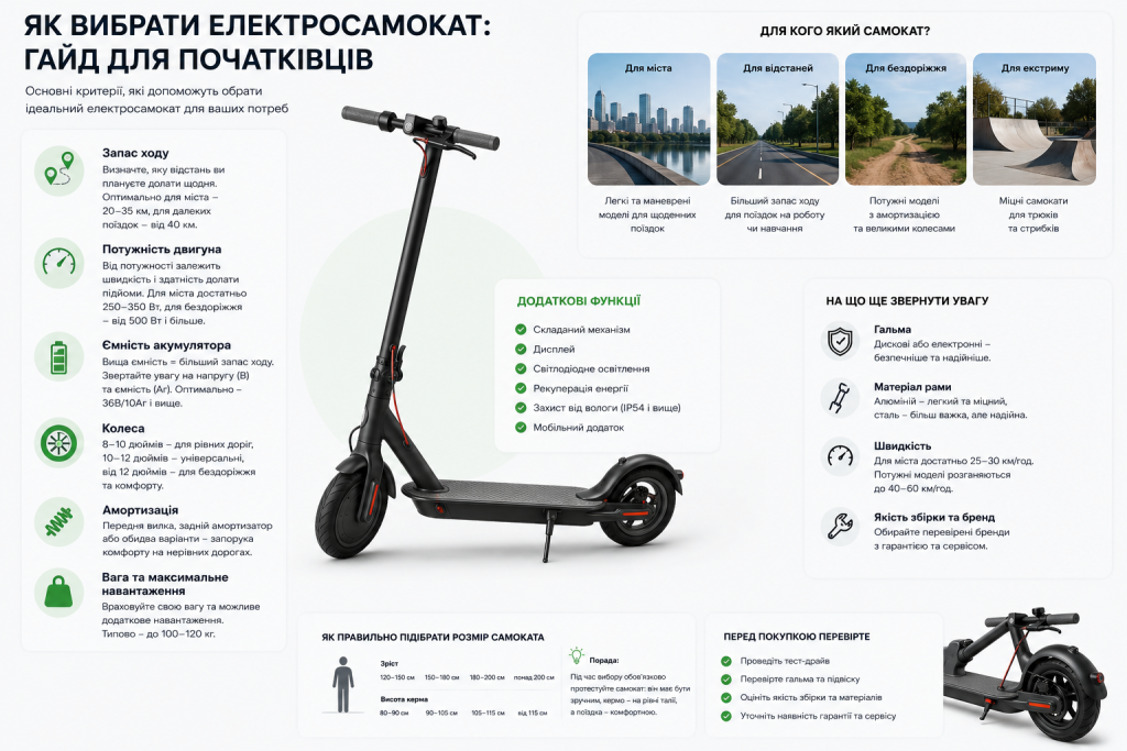 Інфографіка з порадами щодо вибору електросамоката для різних потреб
