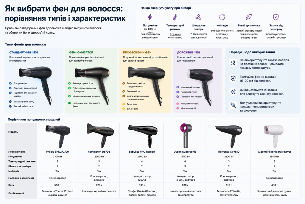 Інфографіка з порівнянням типів фенів для волосся та популярних моделей