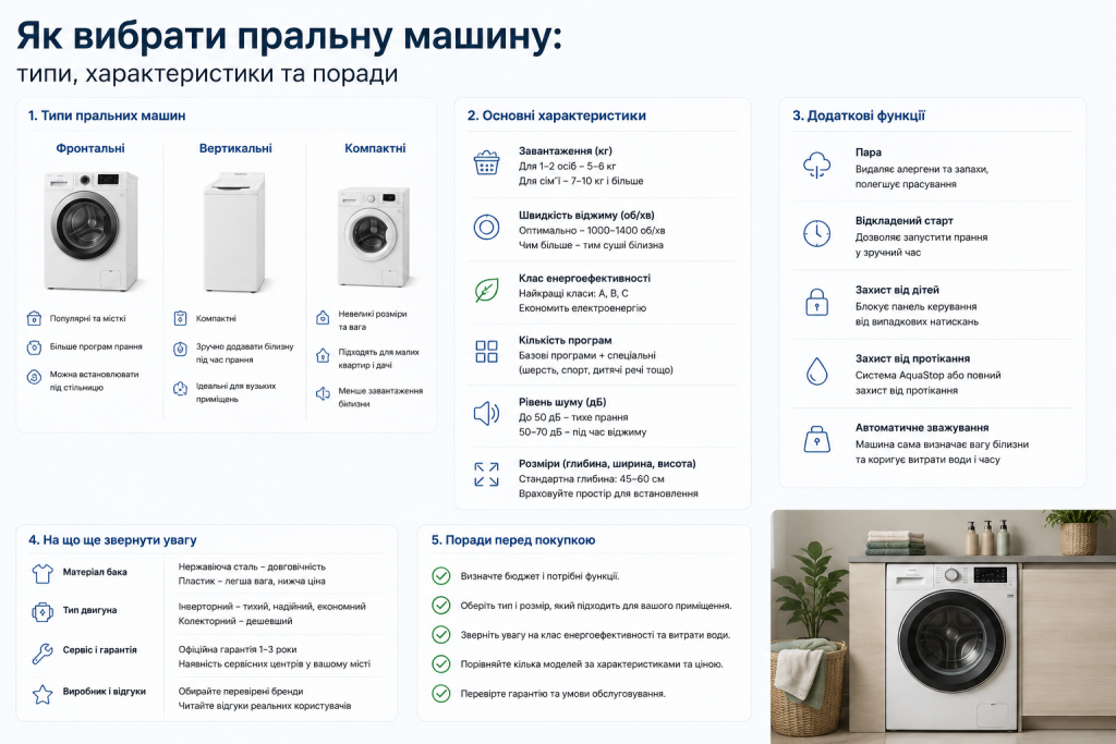 Інфографіка з порівнянням типів пральних машин та їх характеристик
