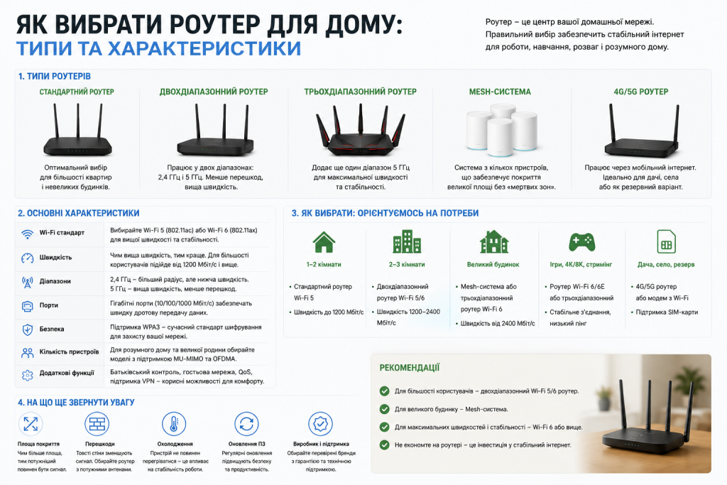 Інфографіка з порівнянням типів роутерів та порадами щодо вибору