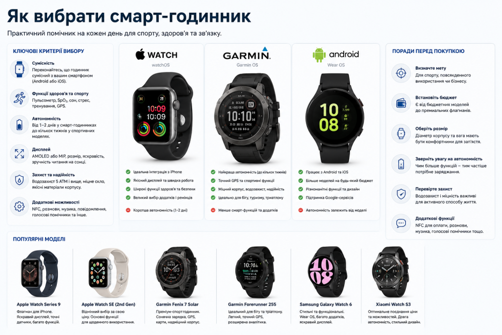 Інфографіка з порівнянням смарт-годинників Apple Watch, Garmin та Android