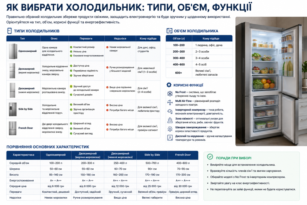 Інфографіка з порівнянням типів холодильників, їх об'єму та корисних функцій