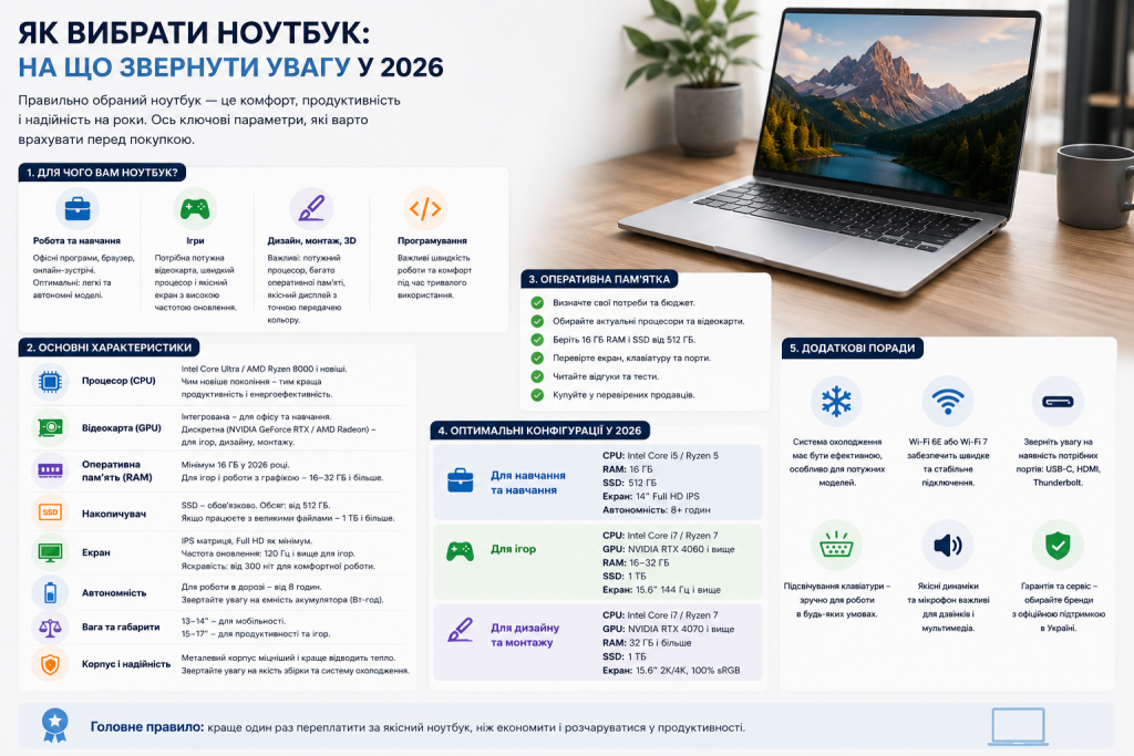 Інфографіка з основними характеристиками та порадами щодо вибору ноутбука