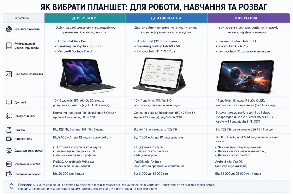 Порівняльна таблиця вибору планшета для трьох сценаріїв — роботи, навчання та розваг — з критеріями дисплею, продуктивності, пам'яті, автономності та рекомендованими моделями