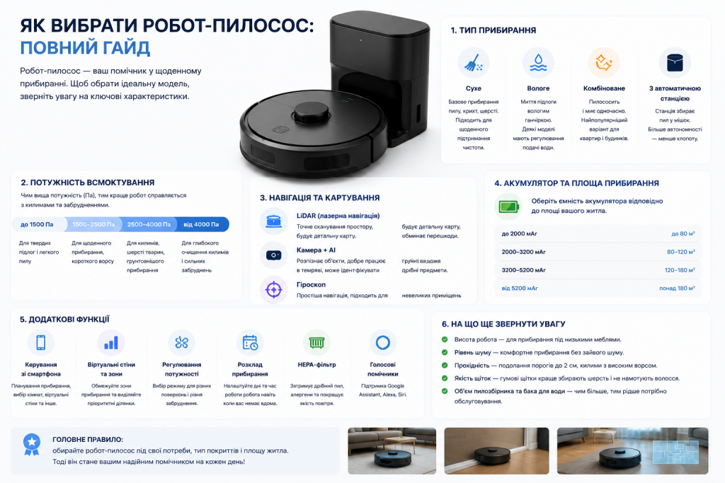 Інфографіка з характеристиками та порадами щодо вибору робота-пилососа