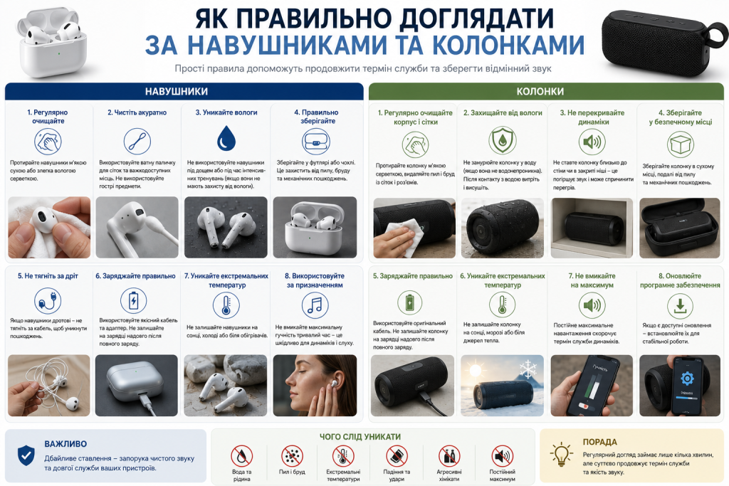 Інфографіка з порадами щодо правильного догляду, очищення та зберігання навушників і Bluetooth-колонок.