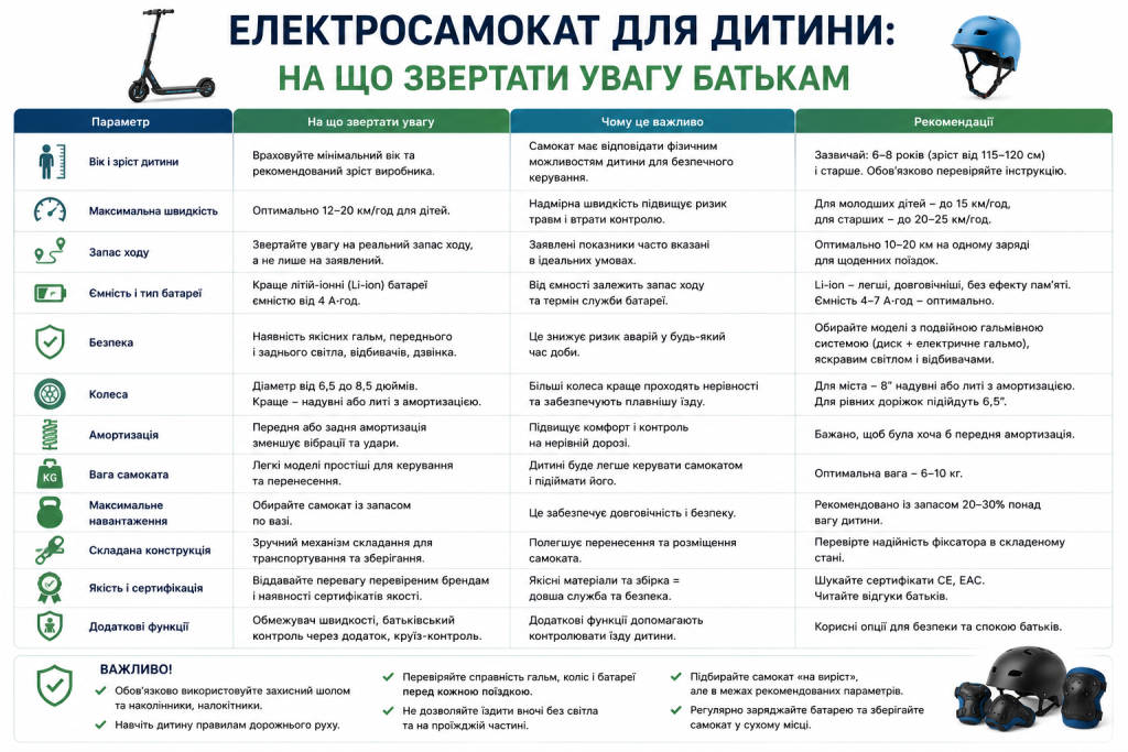Інфографіка з параметрами вибору електросамоката для дитини для батьків
