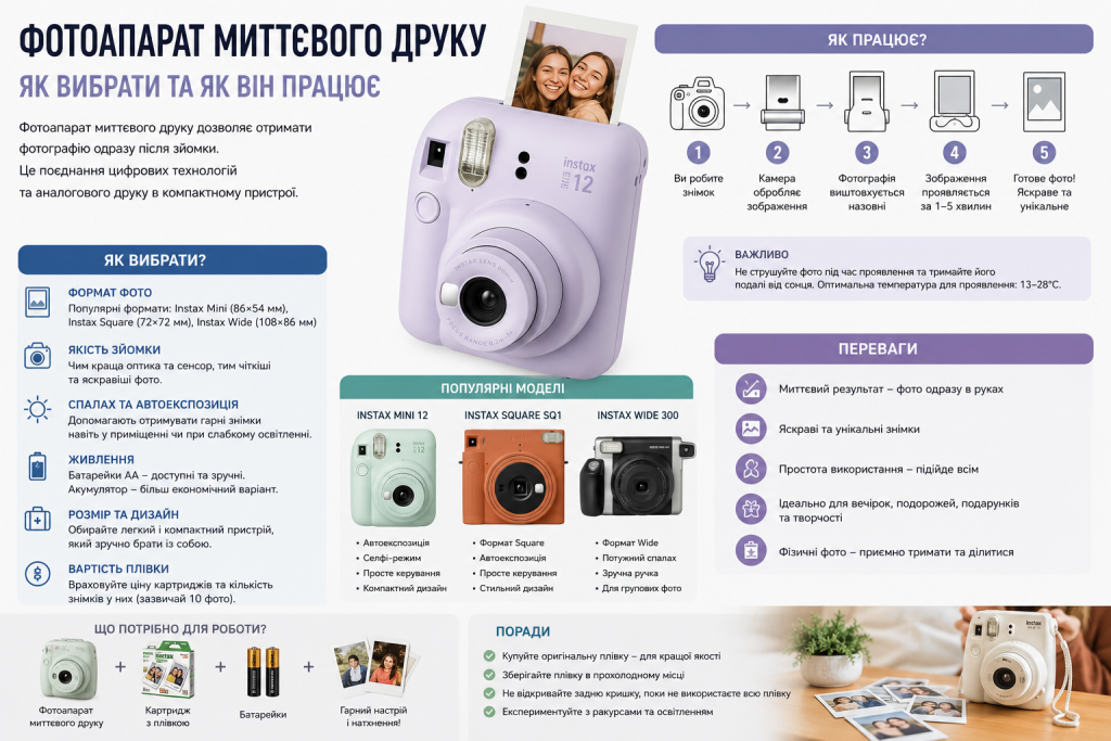 Інфографіка про принцип роботи фотоапарата миттєвого друку Instax та поради з вибору моделі