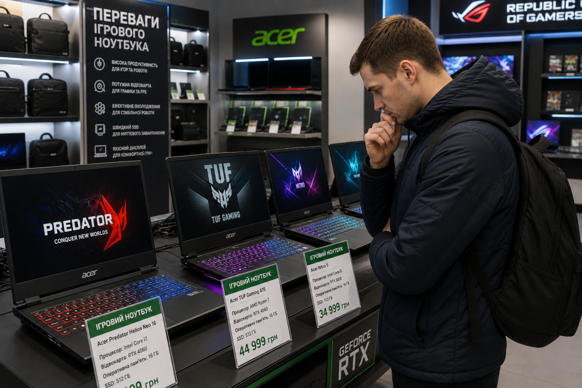 Чоловік порівнює ігрові ноутбуки в магазині електроніки, оцінюючи характеристики, відеокарту, процесор і вартість моделей перед покупкою.