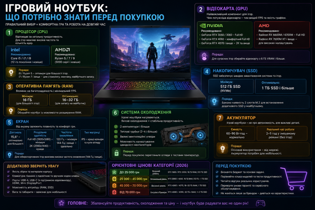 Інфографіка про вибір ігрового ноутбука: процесор, відеокарта, оперативна пам’ять, SSD, екран, система охолодження, акумулятор, орієнтовні ціни та головні критерії перед покупкою.