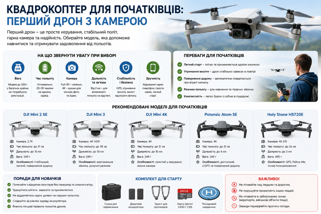 Інфографіка про вибір першого квадрокоптера з камерою для новачків із рекомендаціями та моделями.