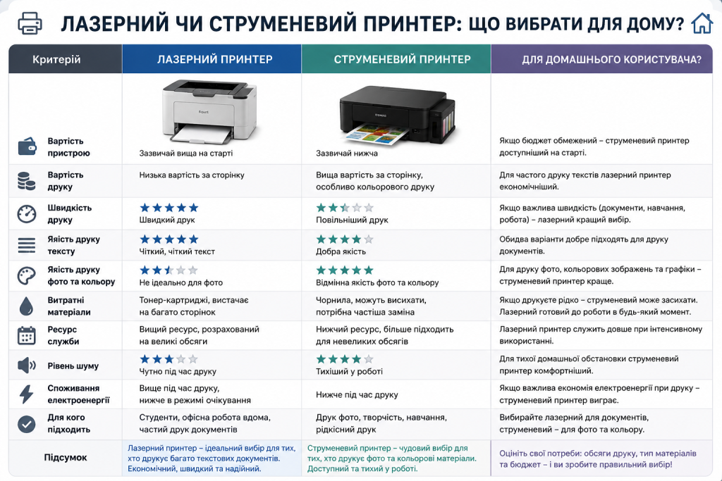 Таблиця порівняння лазерного та струменевого принтера для домашнього використання