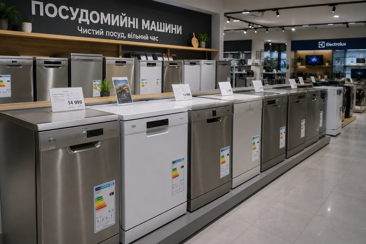 Виставковий зал магазину побутової техніки з повнорозмірними та вузькими посудомийними машинами, цінниками й енергетичними наліпками.