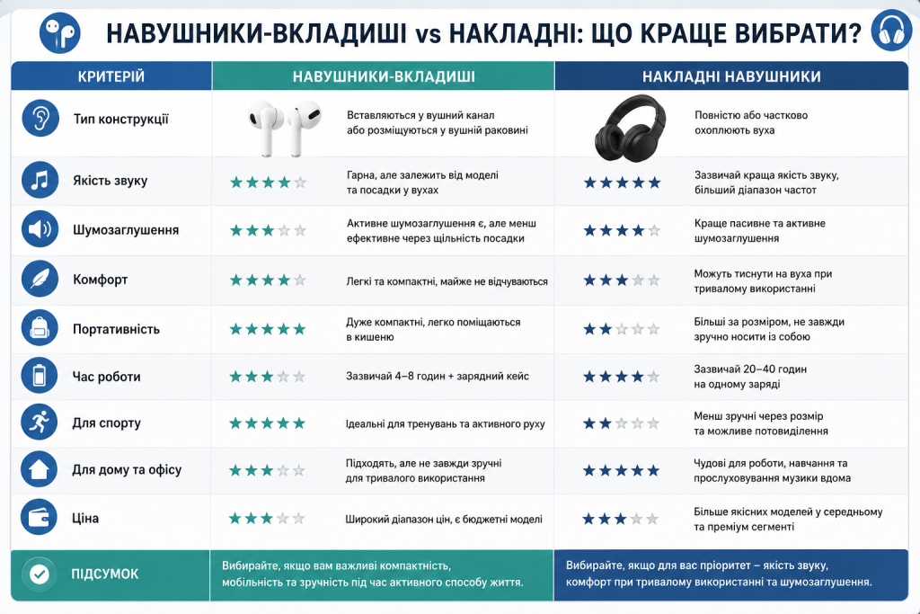 Таблиця порівняння навушників-вкладишів і накладних навушників за характеристиками