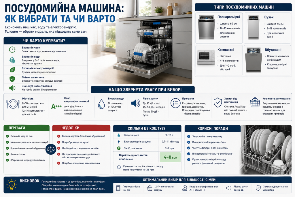 Інфографіка про вибір посудомийної машини: типи моделей, переваги та недоліки, критерії вибору, енергоефективність, витрати води, рівень шуму й корисні поради.