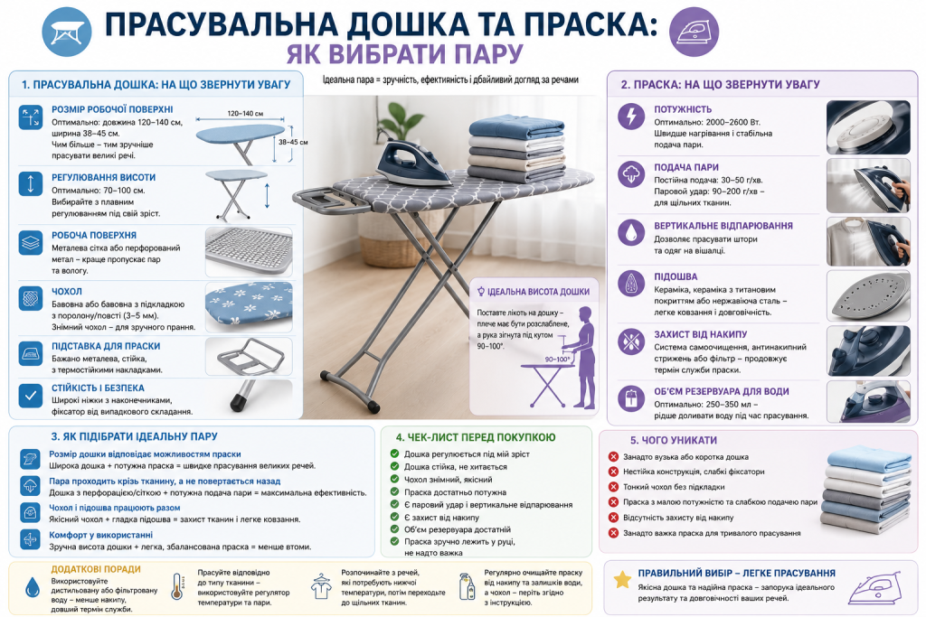 Інфографіка з порадами щодо вибору прасувальної дошки та праски, їх характеристик і важливих параметрів.