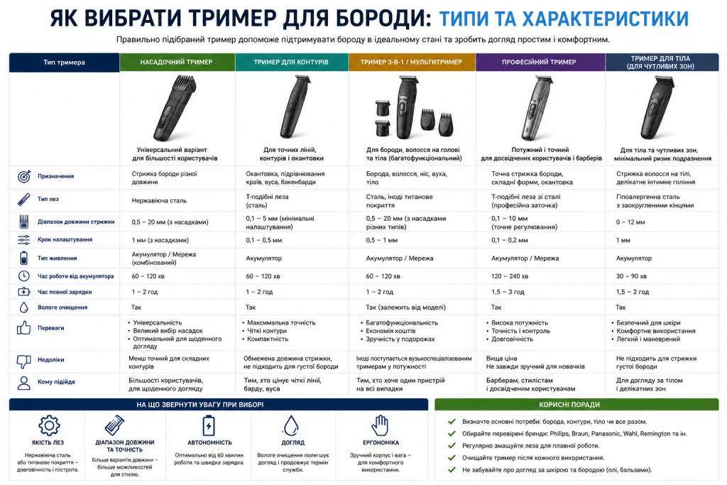 Порівняльна таблиця типів тримерів для бороди та їхніх технічних характеристик