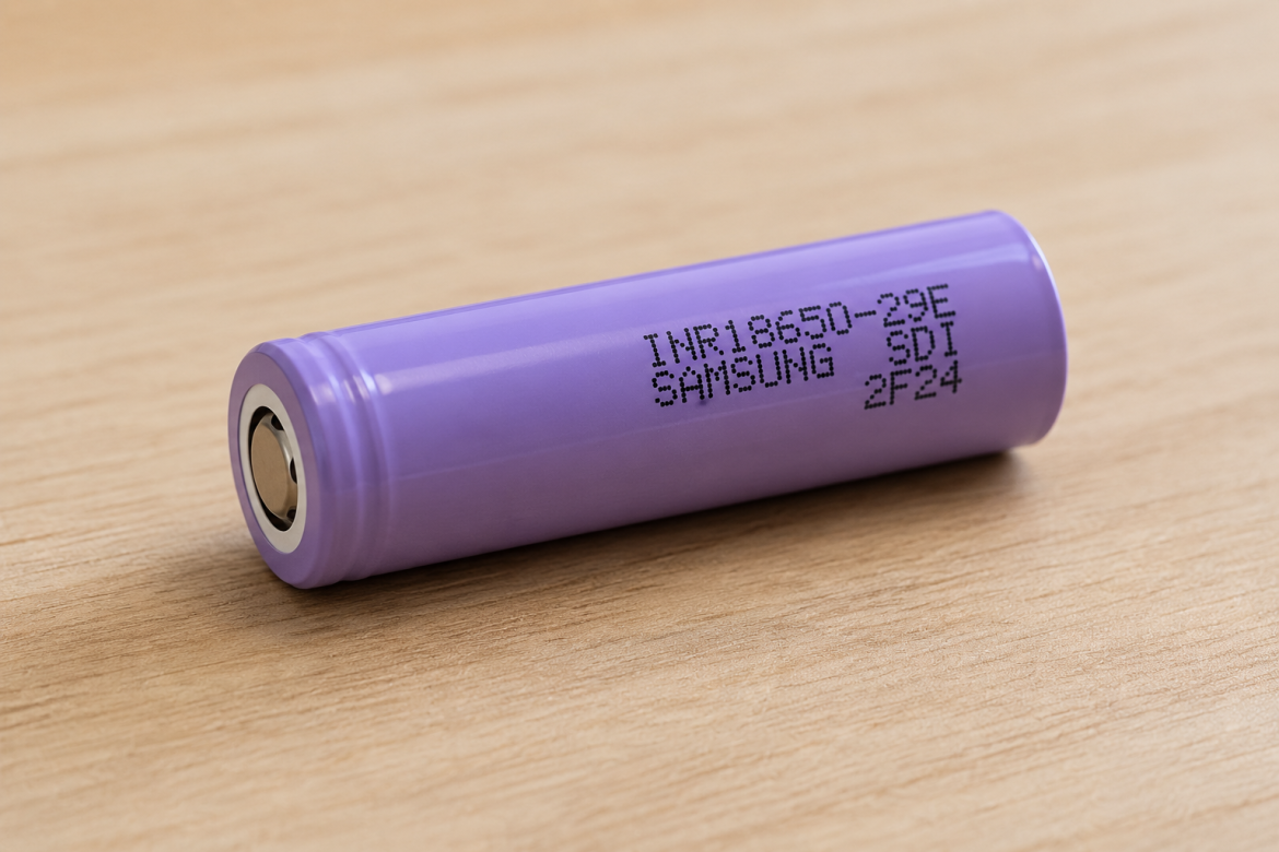 Літій-іонний акумулятор Samsung 18650 фіолетового кольору на дерев'яній поверхні