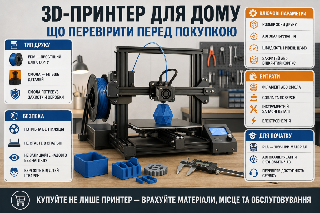 Інфографіка про вибір домашнього 3D-принтера з параметрами друку, витратами, безпекою та матеріалами