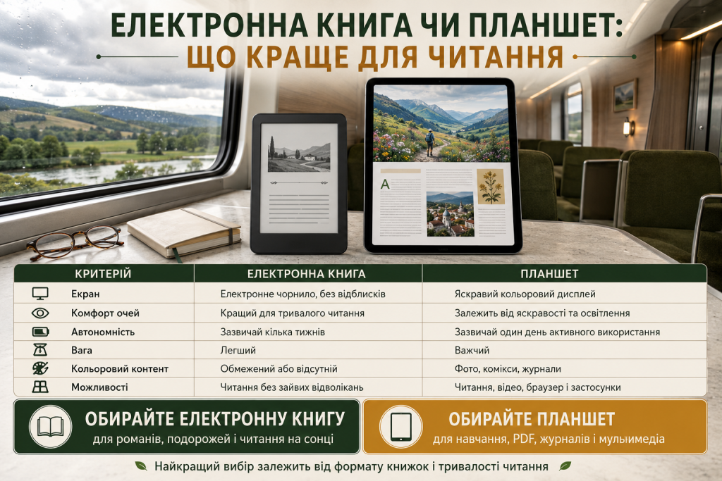 Інфографіка з порівнянням електронної книги та планшета за екраном, комфортом очей, автономністю, вагою та можливостями