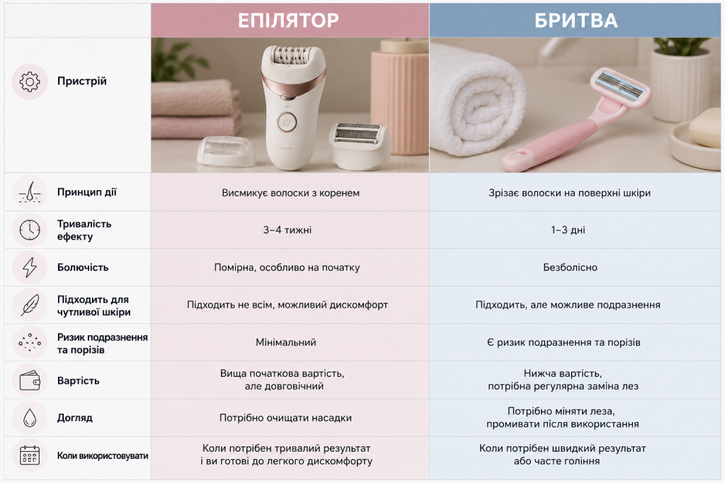 Порівняльна таблиця епілятора та бритви за принципом роботи, тривалістю ефекту, болісністю, швидкістю, вартістю та доглядом.