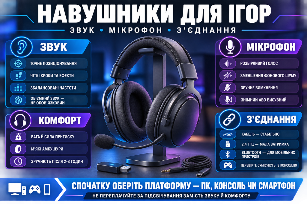 Інфографіка про вибір ігрових навушників за якістю звуку, комфортом, мікрофоном і способом підключення