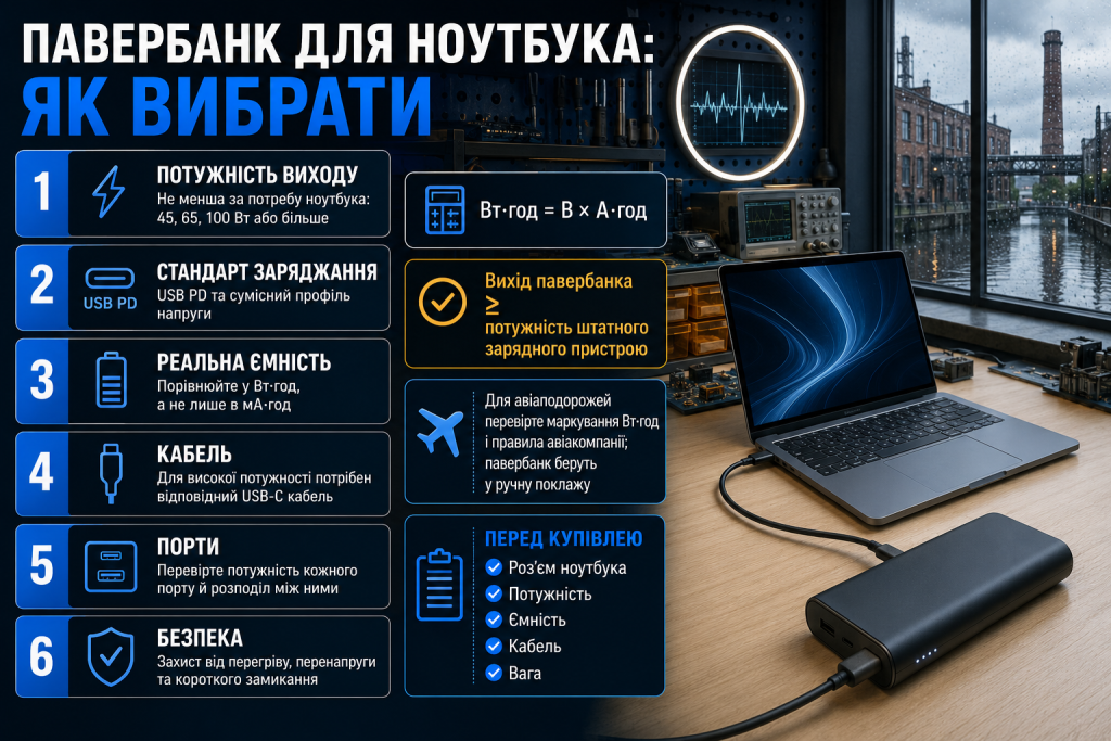 Інфографіка про вибір павербанка для ноутбука за потужністю, USB-C Power Delivery, ємністю, кабелем і безпекою