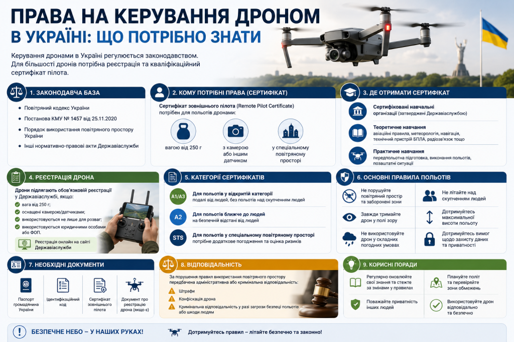 Інфографіка про права на керування дроном в Україні, реєстрацію БПЛА, сертифікати та правила польотів