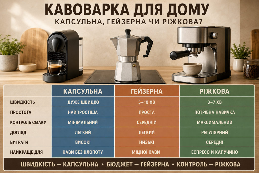 Порівняльна інфографіка капсульної, гейзерної та ріжкової кавоварок за швидкістю, простотою, витратами й контролем смаку