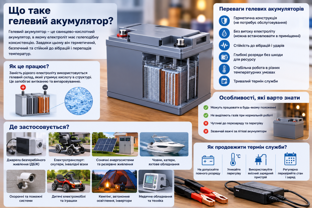 Інфографіка про гелевий акумулятор, принцип роботи, переваги, особливості та сфери застосування