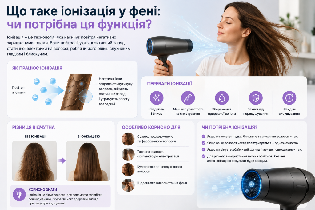 Інфографіка про іонізацію у фені, принцип роботи технології та її вплив на волосся під час сушіння