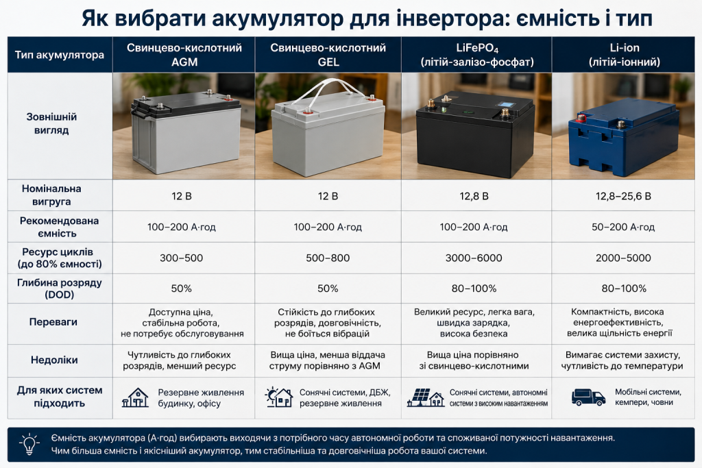 Порівняльна інфографіка з основними типами акумуляторів для інвертора, їхньою ємністю, ресурсом, перевагами та особливостями.
