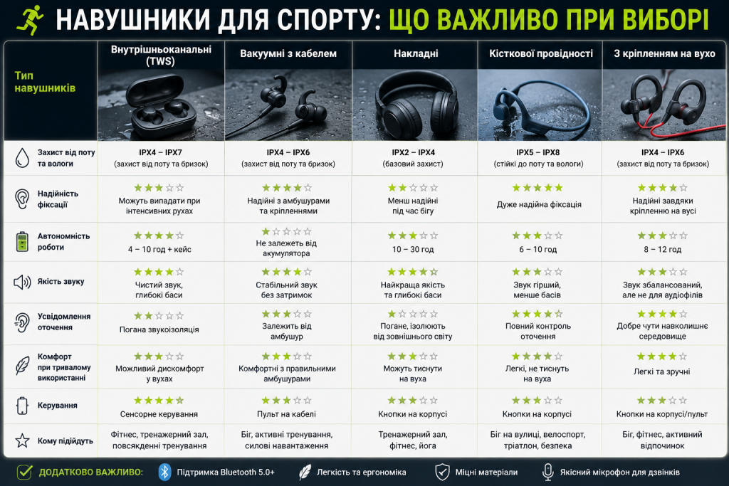 Порівняльна таблиця спортивних навушників за захистом від вологи, фіксацією, автономністю, якістю звуку та комфортом.