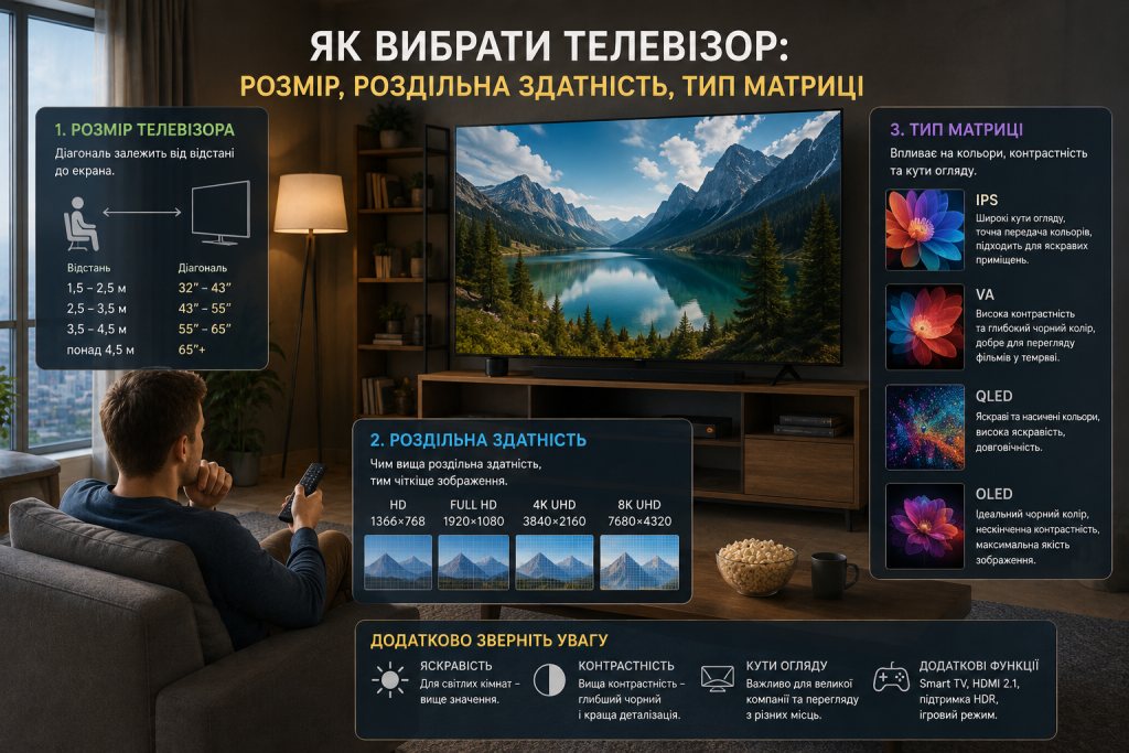 Інфографіка про вибір телевізора за діагоналлю, розміром кімнати, роздільною здатністю, типом матриці та додатковими функціями.