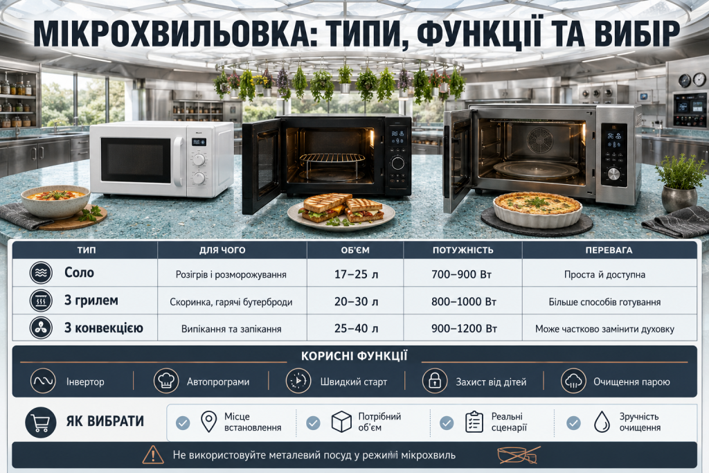 Інфографіка з порівнянням соло-мікрохвильовок, моделей із грилем і конвекцією за об’ємом, потужністю та можливостями