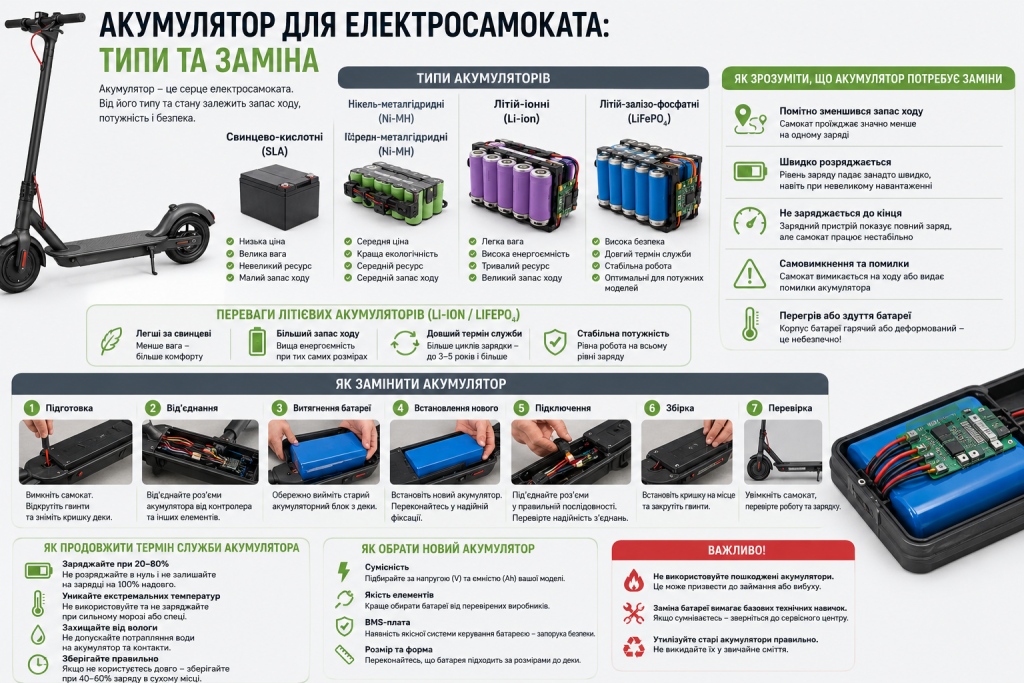 Інфографіка про типи акумуляторів для електросамоката, ознаки зношення, правила вибору та етапи заміни.