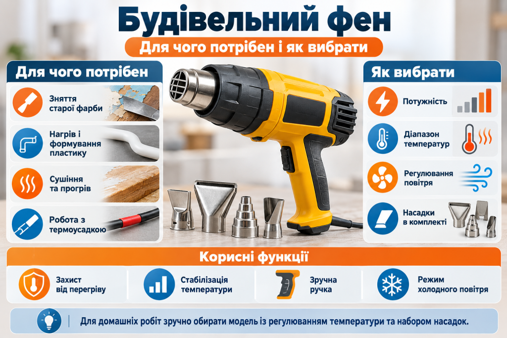 Інфографіка про застосування будівельного фена, його основні функції, технічні характеристики та критерії вибору для ремонтних робіт.