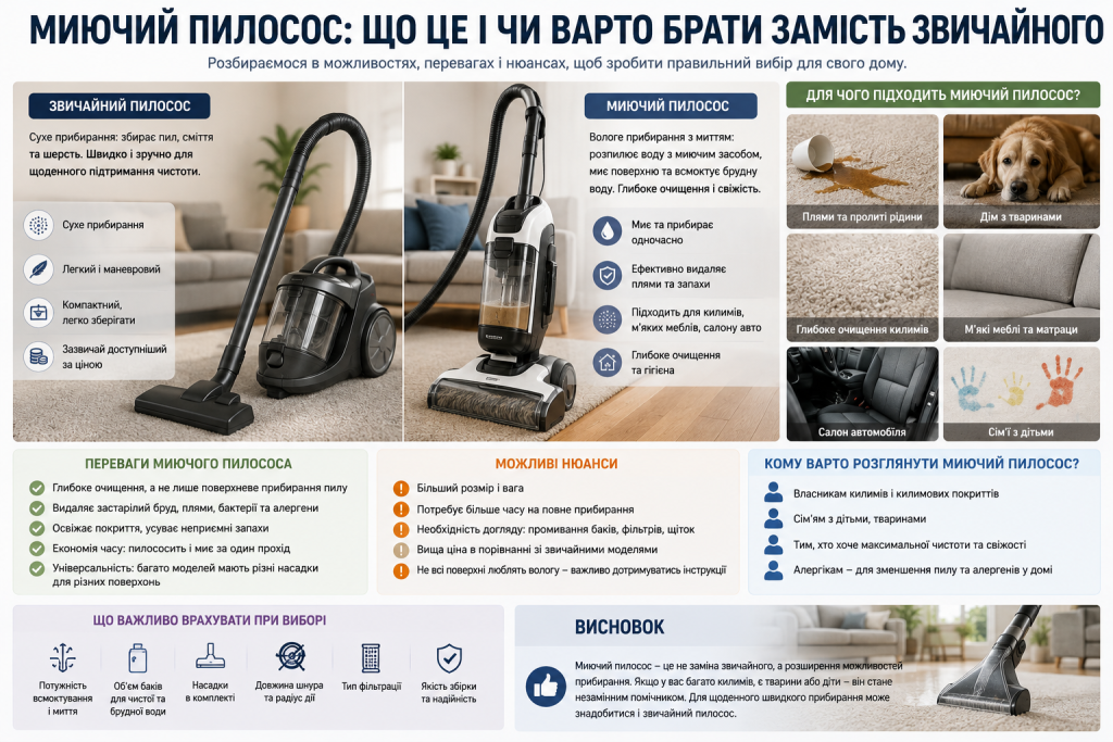 Інфографіка про миючий пилосос, його переваги, недоліки, сфери застосування та відмінності від звичайного пилососа