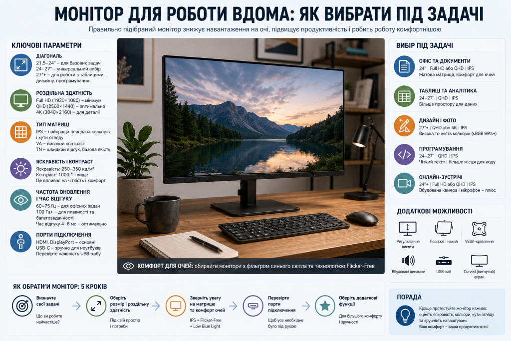 Інфографіка про вибір монітора для роботи вдома за діагоналлю, роздільною здатністю, матрицею та частотою оновлення